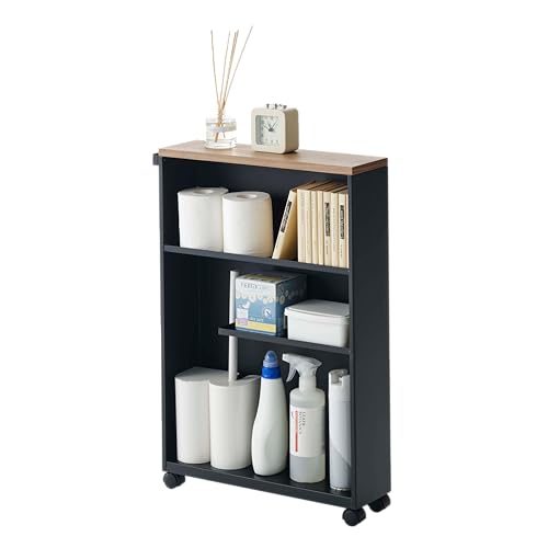 YAMAZAKI Home Slim Rolling Storage Cart – Narrow Bathroom Storage Cabinet with Handle, Slim Bathroom Storage Cart with Wheels, Easy Assembly, Steel + Wood, Black, 27" - Steel -