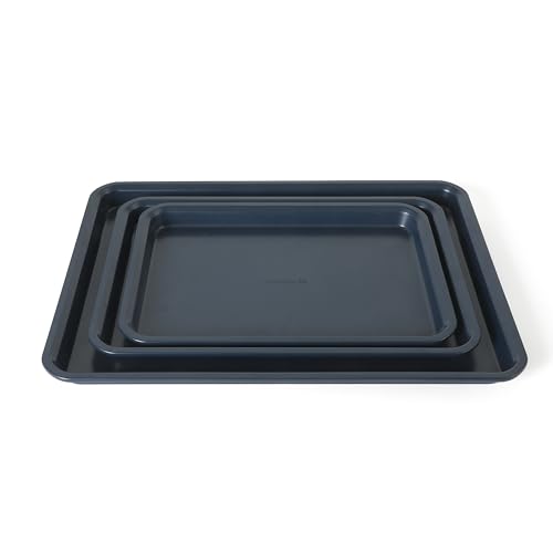 Calphalon Legacy 3 Piece 18, 15 and 13 Inch PFA Free Nonstick Cookie Sheet Baking Sheet Set in Navy Blue, Heavy Gauge Steel Bakeware for Even Heating, Oven Safe Trays for Cookies  