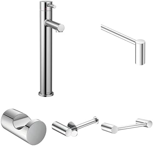 Moen Align Chrome Bathroom Set - Single Hole Vessel Sink Faucet 6192 with 24-in Towel Bar, 9-in Hand Towel Bar, Toilet Paper Holder & Robe Hook