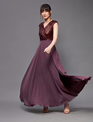 Image of Miss Chase Women's Round Neck Sleeve Embellished Fit Flare Maxi Dress