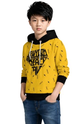 Image of TICOSS Kids Boys & Girls Hooded Neck Full Sleeves Typography Printed T Shirt, Mustard, Pack of 1
