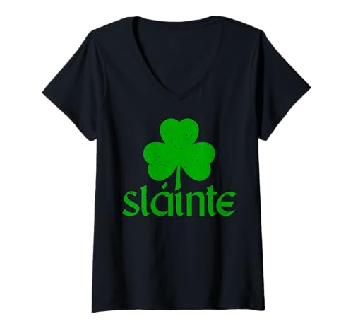 Mujer Slainte Green Shamrock. Día de San Patricio T Clover Funny Camiseta Cuello V