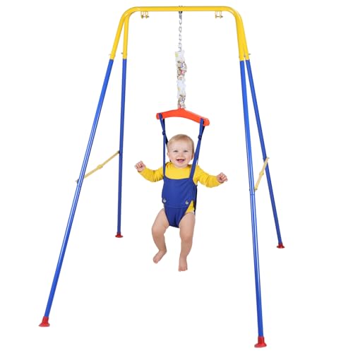 Baby Jumper with Stand, Infant Jumpers and Bouncers for Indoor & Outdoor Play, Swing Set with Stand for 6-24 Months Girl/Boy Leaning to Walk, Easy to Assemble & Store A