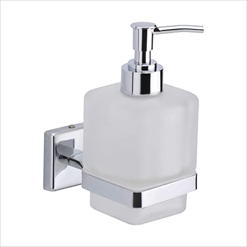 Image of Premium Wall Mounted Liquid Soap Dispenser - 304 Stainless Steel Holder with Frosted Glass Bottle | Rust-Proof Hand Wash Pump for Bathroom, Kitchen, & Wash Basin (Square 27O)
