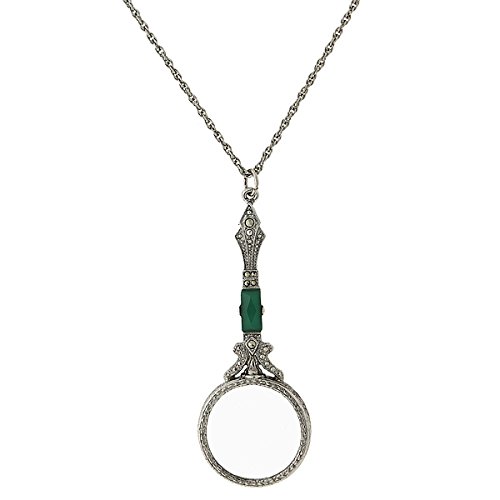 1928 Jewelry Silver Tone Green and Hematite Magnifier Necklace 28 in 1928 Jewelry Silver Tone Green and Hematite Magnifier Necklace 28 in