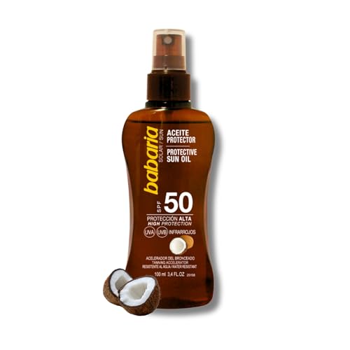 Babaria - Aceite Protector Solar SPF50 UVA-UVB e Infrarrojos, Acelerador del Bronceado, Hidratante, Contiene Aceite de Coco, Resistente al Agua, Vegano, Unisex - 100 ml