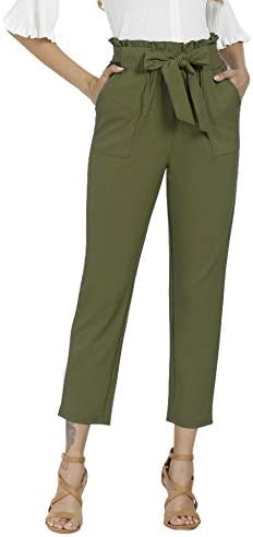 Freeprance Women's Pants Casual Trouser Paper Bag Pants Elastic Waist Slim Pockets XAG XL Army Green