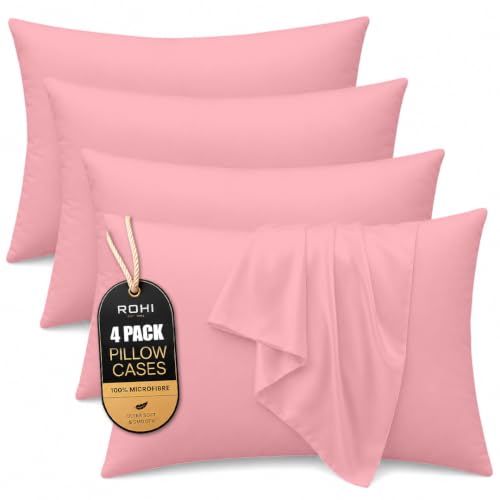 Rohi Microfibre Pink Pillowcases 4 Pack Soft & Smooth Envelope Closure Pillow Covers Fade Resistant & Breathable Pillows Cases Standard Size (50x75 cm)
