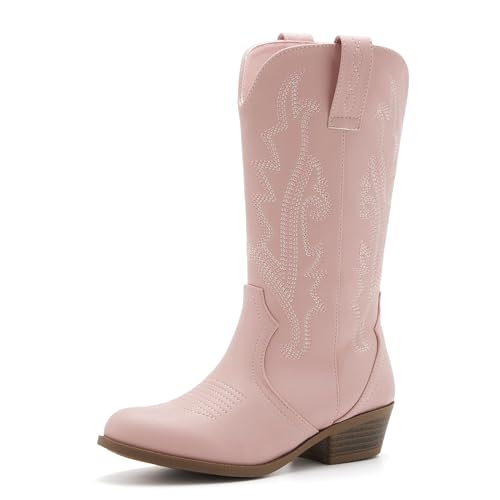 vodvob Kids Western Boots Embroidered Cowgirl Cowboy Boots Boys Girls Mid Calf Round Toe Riding Shoes Little Kid/Big Kid