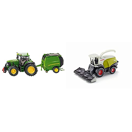 Siku 1665, John Deere Traktor mit Ballenpresse inkl. 2 Ballen, Metal/Kunststoff, Grün, Bewegliche Teile & 1418 Claas…