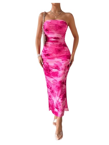 Image of GORGLITTER Women's Floral Strapless Bodycon Wedding Guest Dress Vacation Summer Birthday Tropical Maxi Long Sun Dresses Hot Pink Large