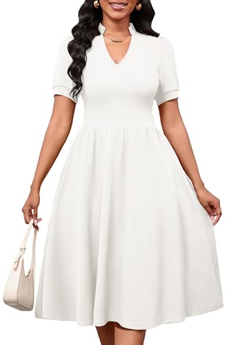 Women Dresses Short Sleeve Semi-Formal Knee Length V Neck Casual Ladies Dress