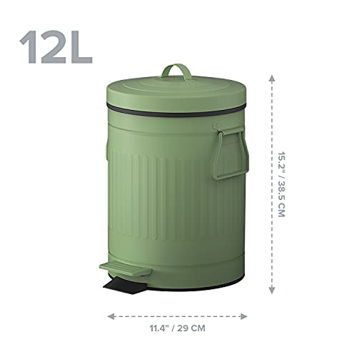 Retro Trash Can With Lid - 12L/3.2 Gal Step Trash Can W/ Soft Closing Lid - Round Garbage Can W/ Handles - Touchless Trash Can W/ Removable Garbage Guard Bucket - Outdoor Garbage Bin - Large Trash Can, Green #TOP1