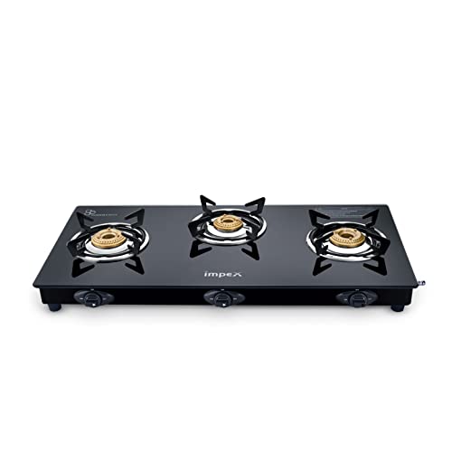 Impex IGS 1213F Glass Top 3 Burner Gas Stove, Manual Ignition, ISI Certified, 1-year Warranty, Black