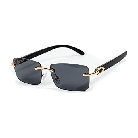 Street Knitted Mens Gold Frame Black Tint Rimless Square Trendy Cool Woodgrain Vintage 90's Old School Dark Tint Shades Retro Rectangular Men Hip Hop Sunglasses Cover