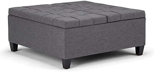 SIMPLIHOME Harrison 36 inch Wide Square Coffee Table Lift Top Storage Ottoman, Cocktail Footrest Stool in Upholstered Slate Grey Tufted Linen Look Fabric for the Living Room, Traditional
