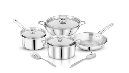 Image of Pigeon Trinity Triply 9 Pc Stainless Steel Cookware Set - Kadai 2100ml with lid | Fry pan 1200ml | Saucepan 1700ml with lid | Casserole 3500ml | 2 Ladles | ISI Certified