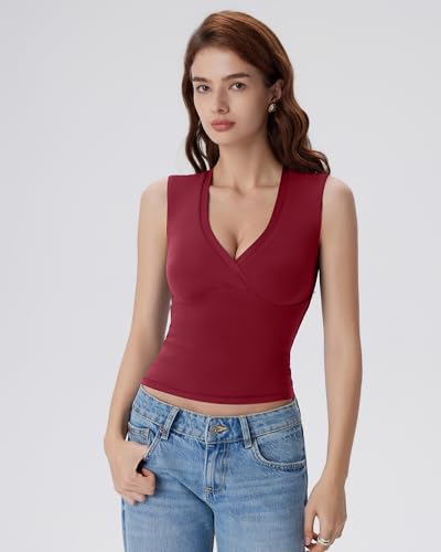 Image of SUUKSESS Women Built in Bra V Neck Tank Tops Double Lined Summer Going Out Camisole Tops