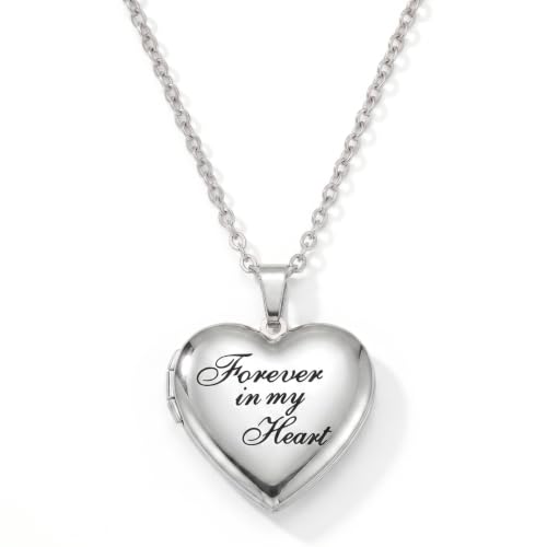 PHOCKSIN Forever in My Heart Locket Necklace for Pictures Silver Heart Memorial Lockets for Girls Birthday Gifts for Loved Ones