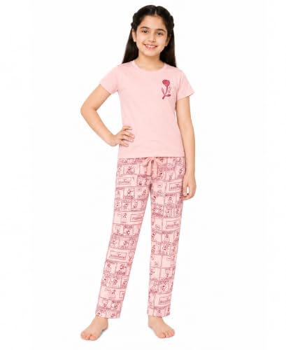 Image of Real Basics Girls Cotton Printed Short Sleeve Elastic Drawstring Waist Kids Nightwear Sleepwear Lounge Wear Outfit Comfortable Top & Full Length Pyjama Set