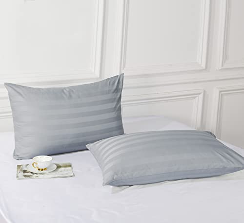 Image of 100% Egyptian Cotton Pillow Protectors Set of 2, 600 Thread Count Standard Size Bed Pillow Cases with Zipper, Sateen Weave Cooling Pillow Cases Quiet and Breathable Easy Care (2PCS, Striped Gray)