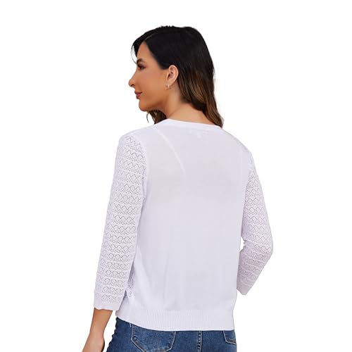 Women's Lightweight Crochet Cardigan 3/4 Sleeve Cropped V Neck Button Shrug Knit Sweater Tops4