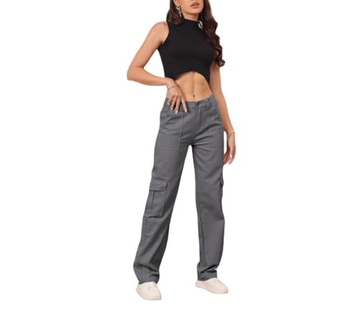 THWEI Cargo Pants for Women High Waisted Casual Pants Y2K Streetwear with 6 Pockets Grey S