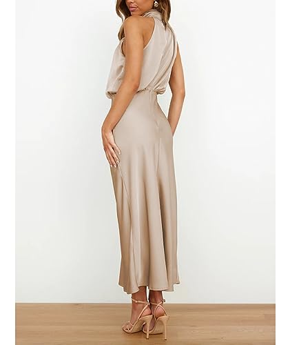 Image of Sexyshine Women's Elegant Halter Tie Neck Sleeveless Satin Long Dress Backless Split Cocktail Party Formal Wedding Maxi Dress