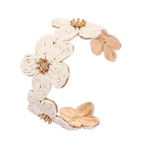 Raffia Colorful Flower Cuff Bracelet For Women Statement Chunky Spring Summer Floral Tropical Beachy Vacation Wide Open Bangle Boho Jewelry Accessories