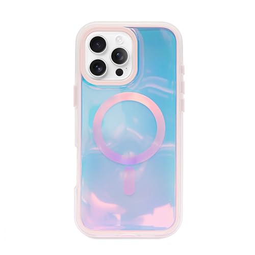 xo poppy Holographic Case for iPhone 16 Pro Max, Airbag Protection Cover with Lightning Iridecent Design, Anti-Drop Technology, Blush Chiffon
