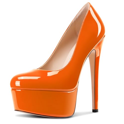 Castamere Womens Stiletto High Platform Heel Round Toe Pumps Slip-on Party Dress Patent Leather 5.9 Inches Heels