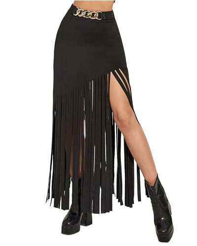 Amazon.com: MATSUMIZUYU Women's Black Fringe Skirt High