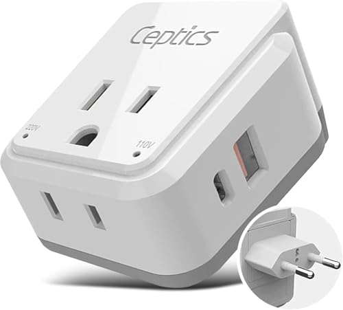 Ceptics Europe Plug Adapter, 20W PD & QC, Safe Dual USB & USB-C 3.1A - 2 USA Outlet - Compact & Powerful - Use Euro, Greece, Italy, Switzerland, Turkey, Portugal - Includes Type C Swadapt Attachment