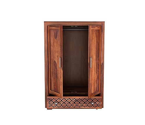 Image of Sheesham Wood Wooden 2 Door Wardrobe Organizer for Clothes | - Solid Wood Almirah with 1 Drawers, 1 Shelves - with Hanging Space Cupboard for Large Bedroom (Design 11)