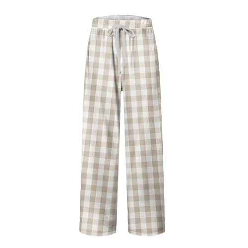 Mens Plaid Pajama Pant Casual Adjustable Waist Drawstring Fashion Sleep Pants Lounge Sweatpants with Pockets（2-White,X-Large