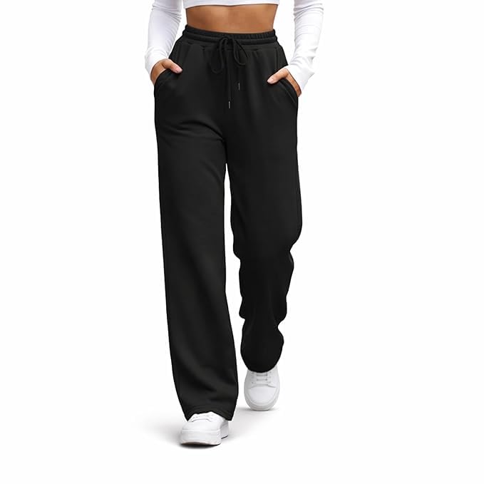 Women Cotton Blend Wide Leg Track Pants High Waist Drawstring Lounge Pants Casual Sweatpants with Pockets for Gym Yoga Travel Wear