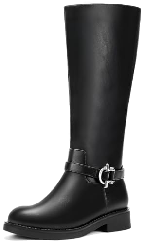 Knee High Boots for Women Wide Calf Boots Faux Leather Boots for Women With Side Zipper Fashion Buckle Work Motorcycle Riding Biker