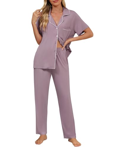 Image of Senert Womens 2 Piece Pajamas Set Button Down Top and Pants Soft Sleepwear | Short Sleeve Lounge Sets with Pockets, Maternity / Nursing /Postpartum Pjs Set, Bride Pjs Set for All Seasons