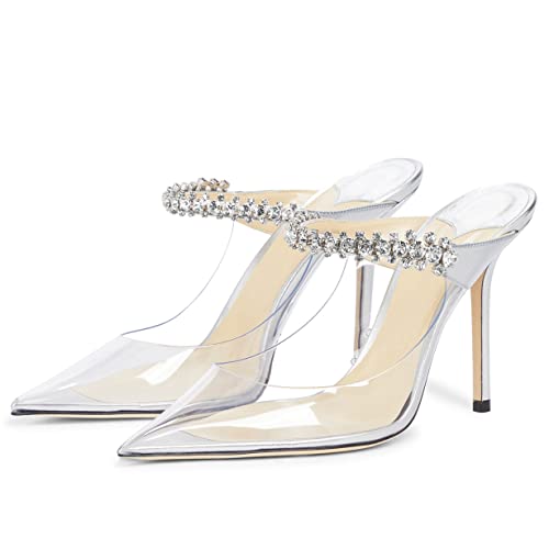 JANSEVEN Mules Flats For Women Closed Toe Flat Sandals With Rhinestone Pointy Slip On Patent Leather 4 Inches Bridal Wedding Shoes Sexy
