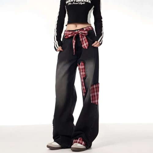 Gothic Y2K Grunge Kawaii Vintage Casual Straight Wide Leg Plaid Ribbon Applique Decor Denim Pants for Women3