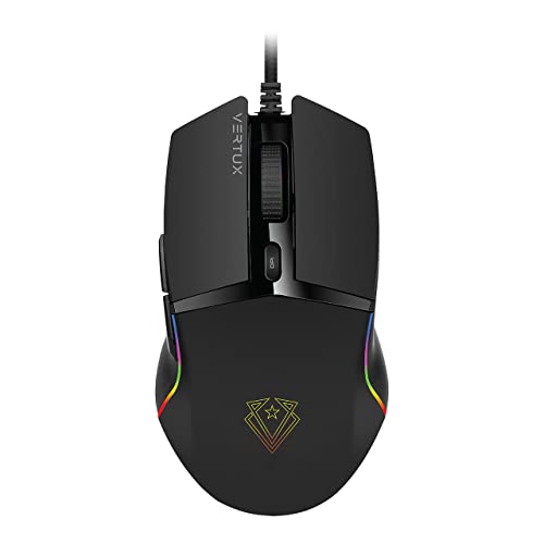 Vertux Ratón Gaming con Cable USB Reforzado, dpi 800/1600/2400/3200/4800/6400, Ergonómico, Baja Latencia, 5 Botones programables, Agarre Seguro, Retroiluminación LED RGB, Seguimiento Óptico, Argon Cover