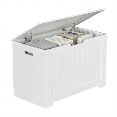 Epetlover Storage Chest with Flip-top Lid, Large Wood Trunk Bench with Safety Hinge, Bedroom Living Room Clothes Blanket Organizer Bin with 100L Storage Area, White