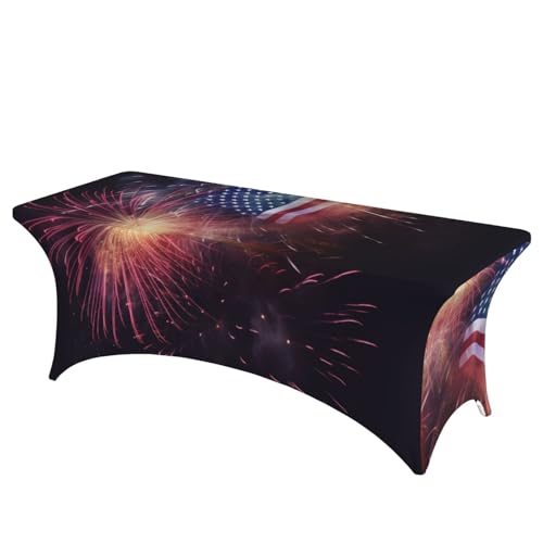 KTHSNSKL Spandex Table Cloth 6FT Elastic Fitted Stretch Tablecloths for Rectangle Tables Washable Firework American Flag 4Th of July Table Cover for Party Birthday Wedding Banquet Tablecloth