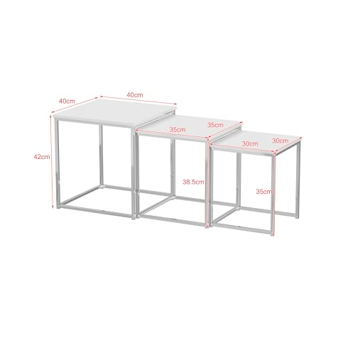3pcs Square Sofa Side End Table for Living Room, Nesting Tables Set of 3 Small Coffee Table Nested Set, High-Gloss Tabletop, Chrome Frame (White) - Image 2
