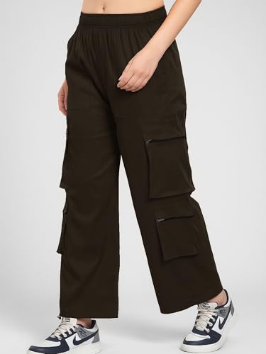 Image of ADDYVERO Elastic Cotton Solid Non-Stretchable Regular Fit Full Length Women six Pockets Cargo Pant (Brown, 32)