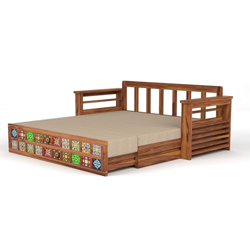 Image of Mamta Furniture Sheesham Wood Sofa Cum Bed with Storage Handcrafted Ceramic Tile Design Wooden Sofa Set for Living Room Bedroom 3 Seater Convertible Sofa Bed in Honey Finish