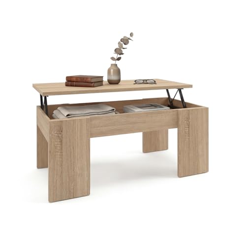 duehome | Mesa de Centro Elevable, Mesita de Salón o Comedor, Modelo Vita, Acabado en Color Roble Canadian, Medidas: 100 cm (Largo) x 50 cm (Ancho) x 45-53 cm (Alto)