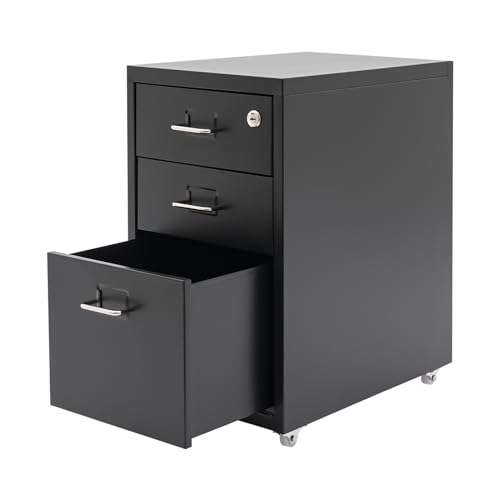 Kazafa Cajonera vertical con 3 cajones, armario de metal con cerradura y cuatro ruedas, estable debajo del escritorio para oficina en casa y estudio (negro) - imagen 6