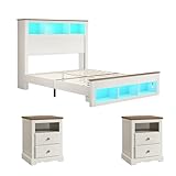 AMERLIFE Farmhouse Bedroom Furniture Set, Includes 2 Nightstands with Charging Station and 1 Queen Size Bed Frame with Bookcase Headboard, LED Light, Storage & USB-C Charging, Antique White