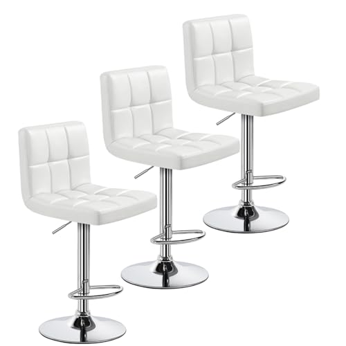 Image of Yaheetech Bar Stools Set of 3, Adjustable PU Leather Swivel Barstools, Modern Counter Stools with Back and Footrest, Counter Height Barstools for Bar, Kitchen, Dining Room, White